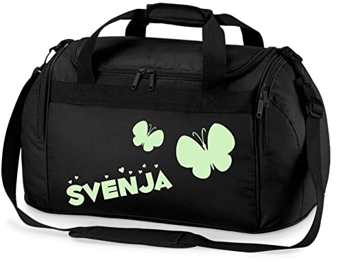 Kinder-Sporttasche mit Namen Bedruckt | Personalisierbar mit Motiv Schmetterling | Reisetasche Duffle Bag für Mädchen in Pink, Blau, Grün (Schwarz) von minimutz
