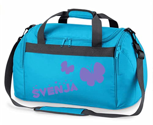 Kinder-Sporttasche mit Namen Bedruckt | Personalisierbar mit Motiv Schmetterling | Reisetasche Duffle Bag für Mädchen in Pink, Blau, Grün (Türkis) von minimutz