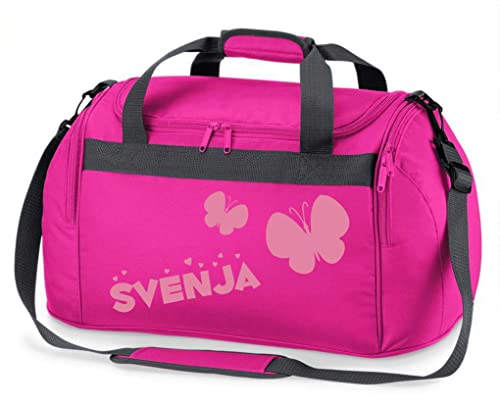 Kinder-Sporttasche mit Namen Bedruckt | Personalisierbar mit Motiv Schmetterling | Reisetasche Duffle Bag für Mädchen in Pink, Blau, Grün (pink) von minimutz