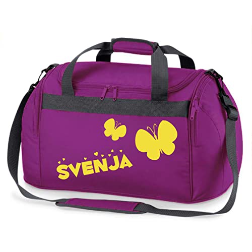 Kinder-Sporttasche mit Namen Bedruckt | Personalisierbar mit Motiv Schmetterling | Reisetasche Duffle Bag zum Umhängen für Mädchen (lila) von minimutz