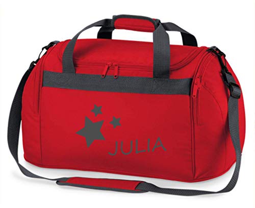 Kindersporttasche Junge & Mädchen | Motiv Sterne & Namen-sdruck personalisiert & Bedruckt | Reisetasche Sporttasche mit Namen Kindertasche Tragetasche zum Umhängen für Kinder (rot) von minimutz