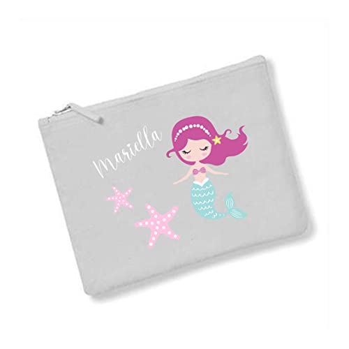 minimutz Kosmetiktasche Kinder mit Namen & Meerjungfrau | personalisierte Schminktasche Kulturtasche für Mädchen | 28x19 cm mit Reißverschluss (grau) von minimutz