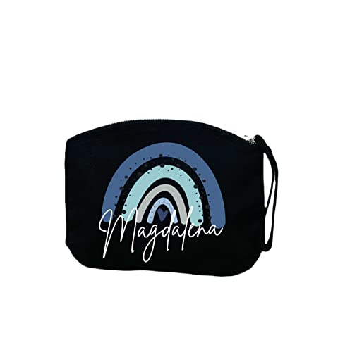 minimutz Schminktasche mit Name für Mädchen | Motiv Regenbogen in blau | kleine Kosmetiktasche für Frauen & Kinder personalisiert | Make-up Täschchen mit Reißverschluss (19 x 17 cm, schwarz) von minimutz