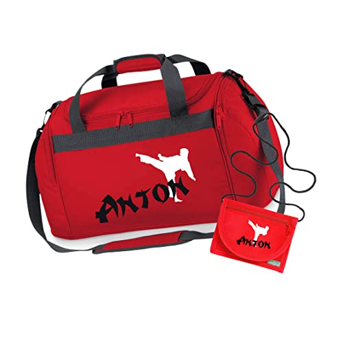 Sporttasche Karate mit Namen für Jungen | Personalisierte Kinder-Reisetasche Kampfsport Judo | Groß für Sport-Verein (rot 2-TLG. mit Geldbeutel) von minimutz