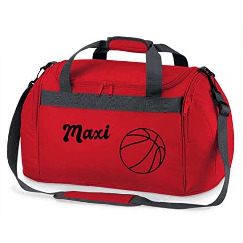 Sporttasche mit Namen Bedruckt für Kinder | Personalisierbar mit Motiv Basketball | Reisetasche Duffle Bag für Mädchen und Jungen Sport (rot) von minimutz