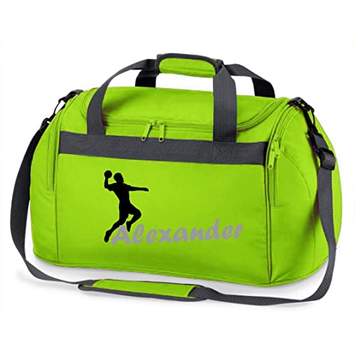 Sporttasche mit Namen Bedruckt für Kinder | Personalisierbar mit Motiv Handball | Reisetasche Duffle Bag für Mädchen und Jungen | Handballspieler Sport (grün) von minimutz