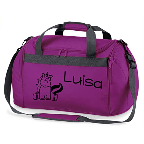 Sporttasche mit Namen für Mädchen | Motiv Einhorn für Kinder | Personalisieren & Bedrucken | Reisetasche Umhängetasche Duffle Bag (lila) von minimutz