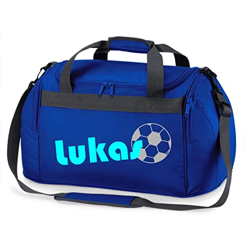 Sporttasche mit Namen | inkl. NAMENSDRUCK | Motiv Fußball | Personalisieren & Bedrucken | Reisetasche Jungen Ball Sport-Verein | blau schwarz (Royalblau) 26 Liter von minimutz
