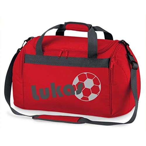 Sporttasche mit Namen | inkl. NAMENSDRUCK | Motiv Fußball | Personalisieren & Bedrucken | Reisetasche Jungen Ball Sport-Verein | blau schwarz (rot) von minimutz