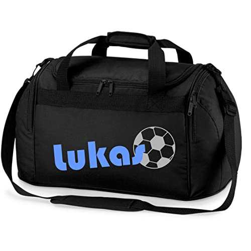Sporttasche mit Namen | inkl. NAMENSDRUCK | Motiv Fußball | Personalisieren & Bedrucken | Reisetasche Jungen Ball Sport-Verein | blau schwarz (schwarz) von minimutz