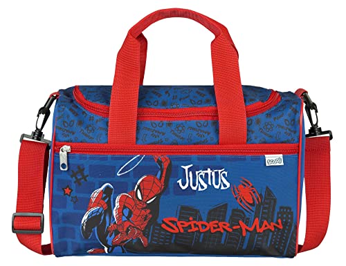 Sporttasche mit Namen | inkl. NAMENSDRUCK | Motiv Spider Spinne Superheld blau schwarz rot | Personalisieren & Bedrucken in Wunschfarbe | Reisetasche Jungen Tragetasche Umhängetasche von minimutz