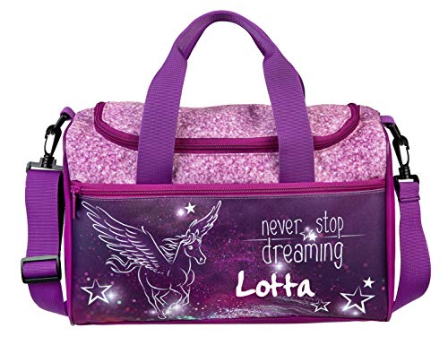 kleine Sporttasche mit Namen | Motiv Pegasus fliegendes Pferd & Sterne in pink & lila | Personalisieren & Bedrucken | Reisetasche für Mädchen von minimutz