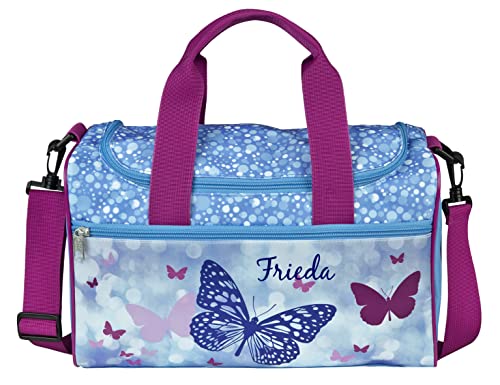 kleine Sporttasche mit Namen | inkl. NAMENSDRUCK | Motiv Schmetterling Butterfly in hell-blau pink | Personalisieren & Bedrucken | Reisetasche für Mädchen von minimutz