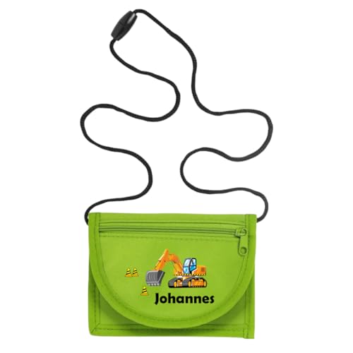 minimutz Geldbörse Kinder personalisiert, Kindergeldbeutel mit Name, Brustbeutel Bagger Jungen (grün) von minimutz