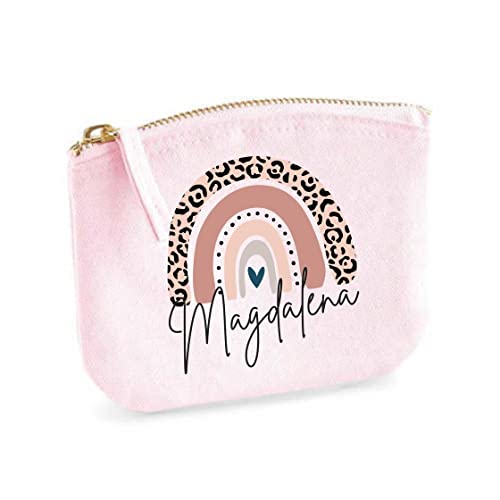 minimutz Schminktasche für Mädchen mit Regenbogen & Name | Motiv Rosa Leo inkl. Namensdruck|Personalisierter Kulturbutel Kosmetiktäschchen Organizer Damen S (14x11 cm) rosa von minimutz