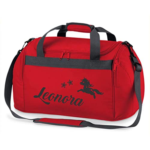 minimutz Sporttasche Mädchen mit Namen |springendes Einhorn und Sterne | Personalisierbare und Bedruckte Reisetasche Duffle Weekender Bag (rot) von minimutz