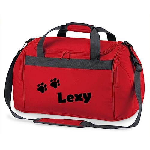 minimutz Sporttasche mit Pfoten | Personalisiert mit Namen | Sporttasche für Tierliebhaber Kinder | Hundetasche für die Tierpension | Reisetasche und Urlaubs-Tasche für Tiere (rot) von minimutz