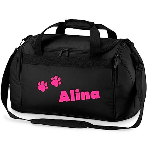minimutz Sporttasche mit Pfoten | Personalisiert mit Namen | Sporttasche für Tierliebhaber Kinder | Hundetasche für die Tierpension | Reisetasche und Urlaubs-Tasche für Tiere (schwarz) von minimutz