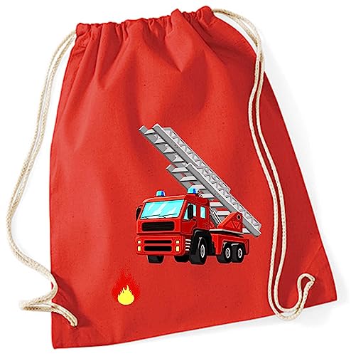 minimutz Zuzieh Turnbeutel für Kinder | Motiv Feuerwehr mit Leiter & Flamme | Schuhbeutel Sportbeutel zum Zuziehen für Jungen | Stoffbeutel mit Kordel (rot) von minimutz