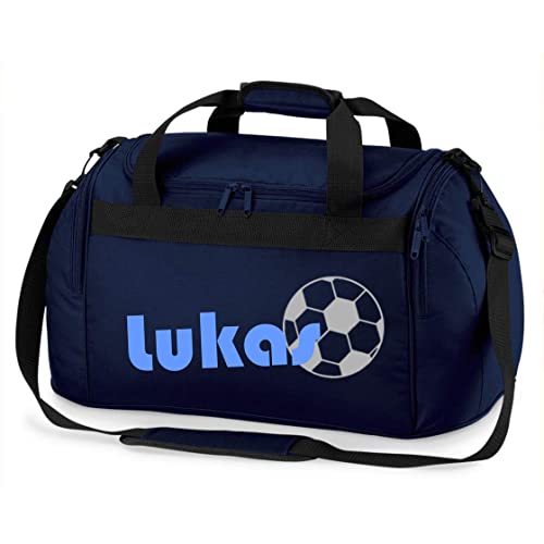 Sporttasche mit Namen | inkl. NAMENSDRUCK | Motiv Fußball | Personalisieren & Bedrucken | Reisetasche Jungen Ball Sport-Verein | blau schwarz (dunkelblau) von minimutz