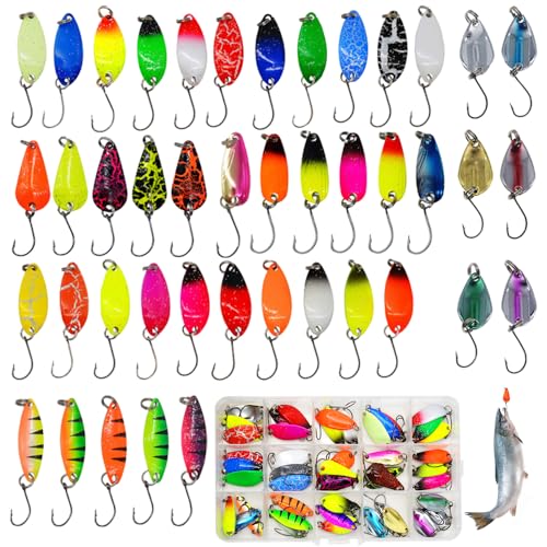 mizikuu 43 Stück Fishing Forellen Spoon, 2.0-3.5g Trout Fishing Spoon Blinker Angel Köder Set mit Box Forellenköder Farbig Köder Angelköder Spinner Angelköder für Haken Forellen Angeln von mizikuu