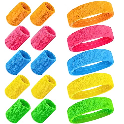 mizikuu 80er 90er Jahre Schweißband, 15 teiliges Set Neon Stirnband Armband Absorbierendes Sport Schweißband Frottee Schweißband Bunte Handgelenk für Laufen, Radfahren, Karneval, Kostüme, Dekoration von mizikuu