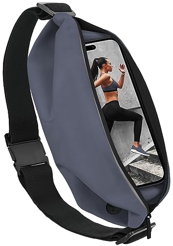 moex® Easy Bag für Apple iPhone 15 Pro Max Laufgürtel für Handy, Lauftasche Jogging, Handytasche zum Joggen, Sport Bauchtasche wasserdicht, Fitness Running Belt – Grau von moex