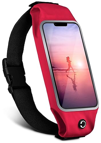 moex Laufgürtel Handy für Apple iPhone 11 Lauftasche Jogging Tasche Wasserfest, Slim Running Belt Flexibel mit Sichtfenster, Laufgurt zum Joggen Bauchtasche Sport, Rot von moex