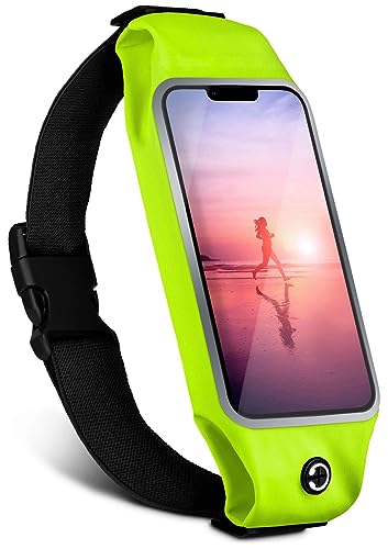 moex Laufgürtel Handy für Apple iPhone 13 Pro Max Lauftasche Jogging Tasche Wasserfest, Slim Running Belt Flexibel mit Sichtfenster, Laufgurt zum Joggen Bauchtasche Sport, Neon-Grün von moex