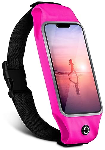 moex Laufgürtel Handy für Apple iPhone 14 Plus Lauftasche Jogging Tasche Wasserfest, Slim Running Belt Flexibel mit Sichtfenster, Laufgurt zum Joggen Bauchtasche Sport, Pink von moex