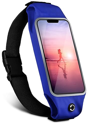 moex Laufgürtel Handy für Apple iPhone 15 Lauftasche Jogging Tasche Wasserfest, Slim Running Belt Flexibel mit Sichtfenster, Laufgurt zum Joggen Bauchtasche Sport, Blau von moex