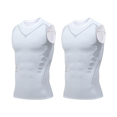 mugeleen EXPECTSKY Ionic Shaping Vest, Fivfivgo Ionic Shaping Vest for Men, Comfortable Men Compression Top, Atmungsaktiv Eisseide Weste, Body Shaper Schlankheitsweste (L, Weiß(2PCS)) von mugeleen