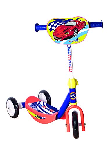muuwmi Kiddyscooter – Tretroller für Kinder, 140/120 mm, 3-rädrig, kippstabil, Rennfahrer, blau-orange von muuwmi