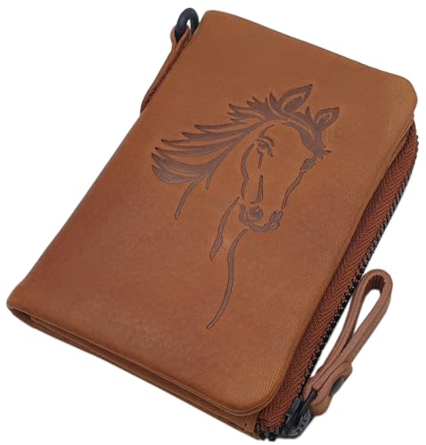 Rindleder Geldbörse/Geldbeutel/Portemonnaie/Portmonaise/Geldtasche/Portmonee mit Pferd-Motiv und RFID & NFC Schutz (Cognac) von myledershop