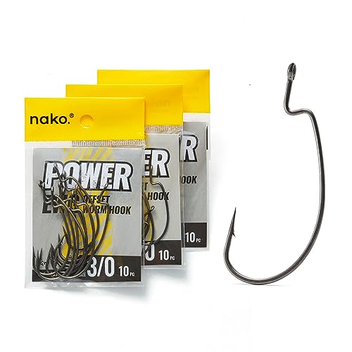 Nako Power #5/0 EWG Haken, 8 Stück, Nano-glatte Beschichtung, Offset-Wurmhaken, 9203, Texas Rig Haken, Barsch-Angelhaken von nako.