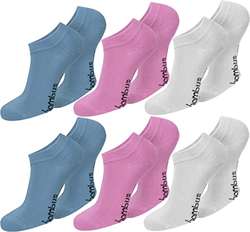 normani 6 Paar Damen Bambus Sneaker-Socken, schwarz, Spitze handgekettelt, Ohne Gummibund, superweich und angenehm Farbe Blau/Rosa/Weiß Größe 39/42 von normani