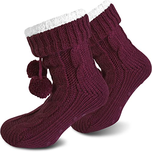 Damen Warme Dicke Wintersocken mit Innenfell Teddyfutter und Antirutschsohle Farbe Bordeaux Größe 36/40 von normani