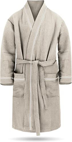 Herren Morgenmantel aus 100% Baumwolle - Waffelbademantel - dünner Kimono für Männer (Gr. S - 6XL) Farbe Beige Größe XL von normani
