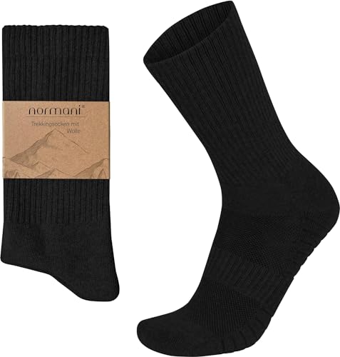 normani Trekkingsocken aus Wolle mit Polstersohle und Komfortbund Sportsocken Wandersocken mit Schafwolle 4 Paar für Herren und Damen Farbe Schwarz Größe 39-42 von normani