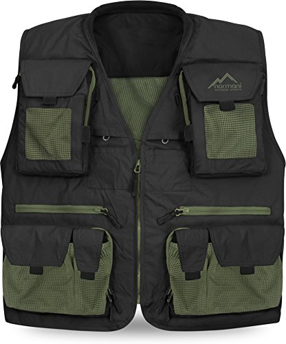 normani Ultraleichte Outdoor Weste Angelweste mit 19 praktischen Taschen und HKK-Verschlüssen in 5 Farbe Schwarz/Oliv Größe L von normani
