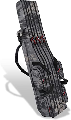 normani XXL Angel Tasche Futteral 190cm oder 210cm Rutentasche Anglerrucksack - 8 Taschen für 6 Ruten und Kescher Farbe Schwarz-Tarnfarbe Größe 190 cm von normani