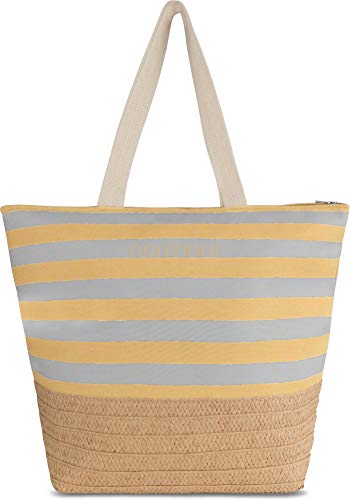 normani XXL Strandtasche mit Reißverschluss, Henkeln und Innentasche - Shopper groß - Damen Schultertasche beach bag gestreift- große Tasche mit Stroh 30 Liter Farbe Gelb von normani