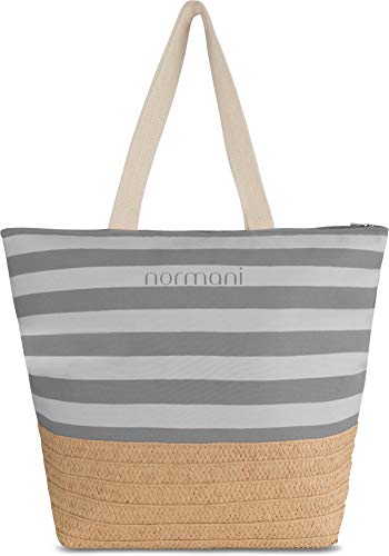 normani XXL Strandtasche mit Reißverschluss, Henkeln und Innentasche - Shopper groß - Damen Schultertasche beach bag gestreift- große Tasche mit Stroh 30 Liter Farbe Grau von normani