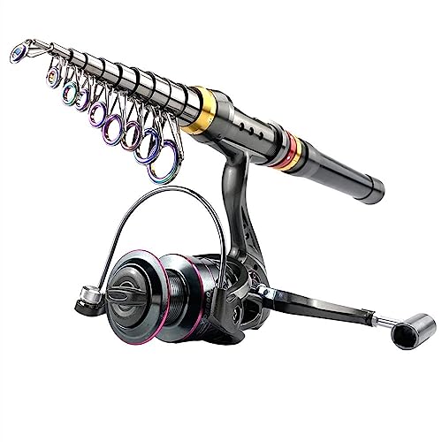 Angelrute, 1,8-3,6 m Carbon Fiber Spinning Angelrute 5,2: 1 Angelrolle Combo Teleskop Angelrute Spinning Reel Kit, tragbare Angelrute(Size:Rod with Reel_2.1m) von nuwio
