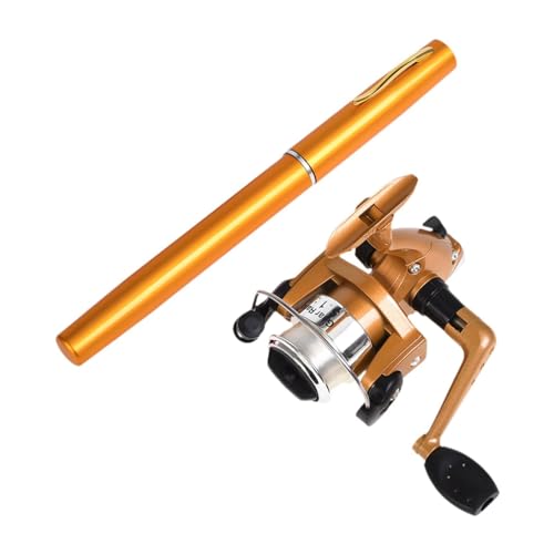 perfk Mini-Angelruten- und Rollenkombination, Teleskop-Angelrute, kompakte Angelrolle, Mini-Stift-Angelrute für das Eisfischen auf Reisen für Erwachsene, Gold von perfk