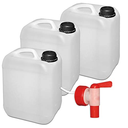 plasteo® 3er Set: 5 Liter Leerkanister Neu mit Sicherheitsverschluss (DIN 45) + 1 Ausgießhahn | Lebensmittelecht | BPA Frei | Tragbar Stapelbar und Stabil | Indoor und Outdoor | Made in DE von plasteo
