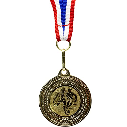 pokal-fabrik.de - 10 Stück Fussball Medaillen Kindergeburtstag aus Metall mit Band und Emblem für Kinder als Mitgebsel - mit blau weiß rotem Band von pokal-fabrik.de