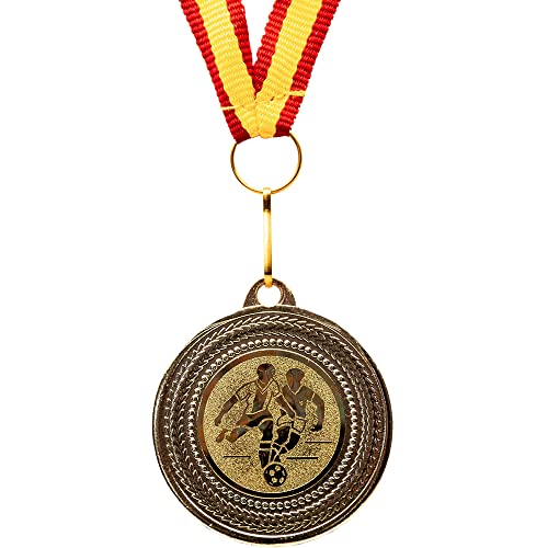 pokal-fabrik.de - 10 Stück Fussball Medaillen Kindergeburtstag aus Metall mit Band und Emblem für Kinder als Mitgebsel - mit rot gelb rotem Band von pokal-fabrik.de