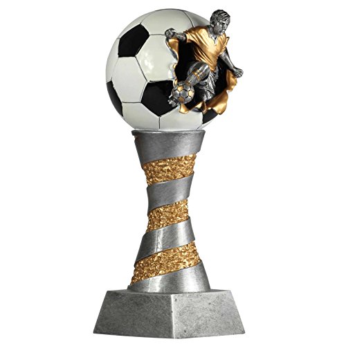 Set, je 1 x Pokal Fußball Lyon exklusiv aus Resin Silber/Gold handbemalt, 26, 28 und 31 cm (3 Stück gesamt) mit Gravur von pokalspezialist