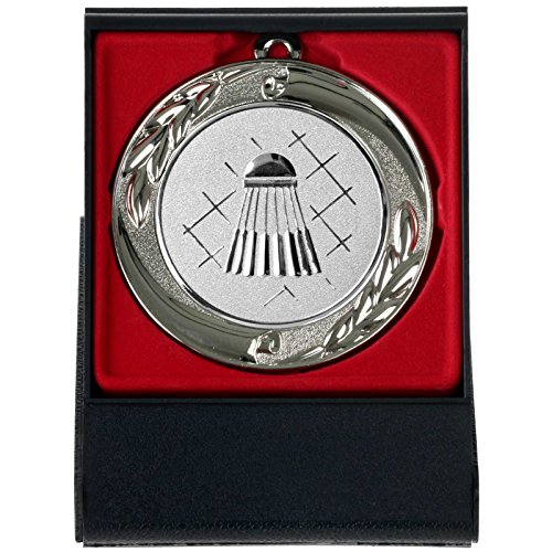 pokalspezialist Badminton Federball Medaille mit Etui zum Aufstellen Silber 70mm Metall von pokalspezialist